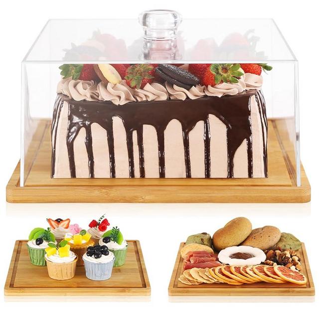 Square Cake Stand，Cake Stand with Dome，Square Cake Stand with Acrylic Lid Cover,Bamboo Cake Display Stand Cake Plate Cake Holder Cake Platter with Cover，Party Cake Dessert Hosting Essentials