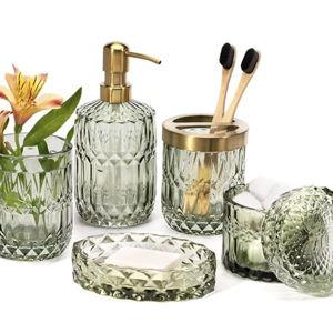 EMPO 6PCS Bathroom Clear Glass Accessories Set (Lotion Soap Dispenser, Soap Dish, Toothbrush Holder, Tumbler, Cotton Swab Jar), Contemporary Modern Decor Crystal Vintage Gift (6pcs Green)