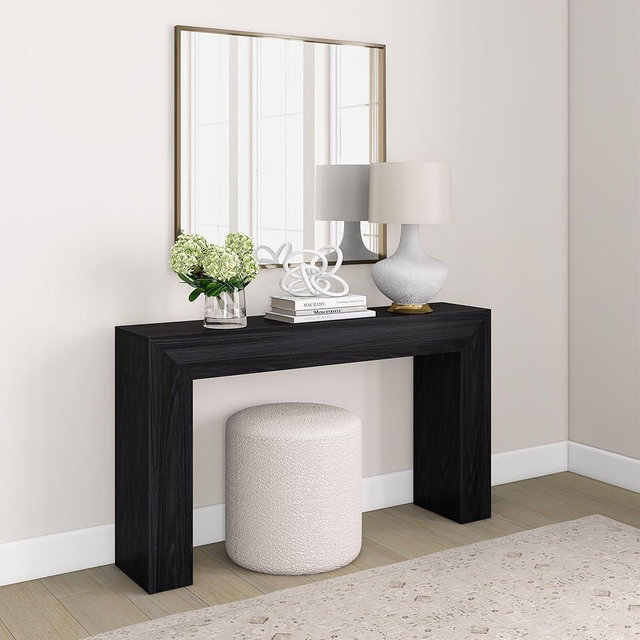 Plank+Beam Grand Console Table, 56 Inch Solid Wood Modern Sofa Table, Narrow Entryway Table for Hallway, Behind The Couch, Living Room, Foyer, Black Wirebrush