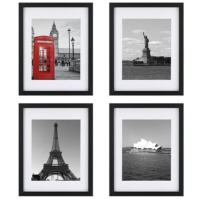 ONE WALL 11x14 Picture Frame 4PCS Tempered Glass with Mats for 8x10, 5x7 Photo, Black Wood Frame for Wall and Tabletop - Mounting Material Included