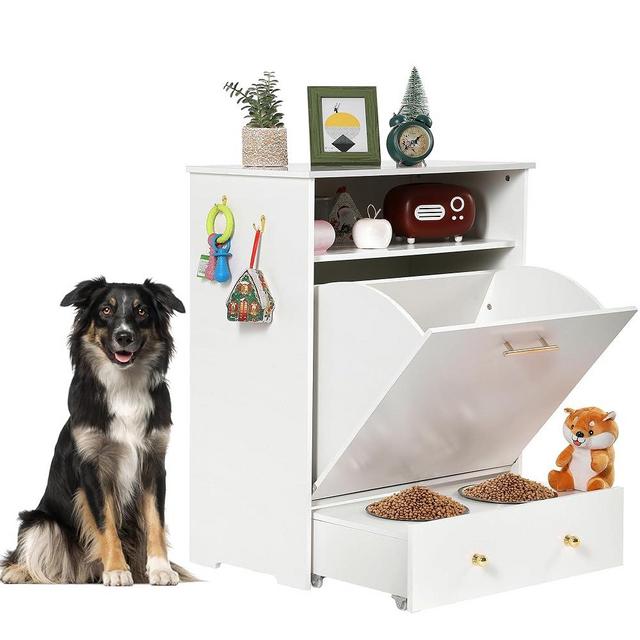 USSerenaY Dog Feeding Station Cabinet, Dog Food Storage Cabinet with Hidden Raised Dog Bowls for Feeding, Pet Feeder Container with Wheels and Hanger,Pull Out Pet Food Cabinet (White)