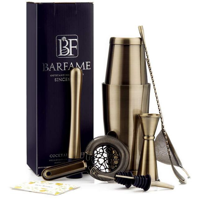 Boston Cocktail Shaker Set 18/8 Stainless Steel Bartender Kit, Including 18oz&28oz Shaker Tins, Double Jigger, 8''Muddler, 2 Liquor Pourers, 12&quot; Mixing Spoon, Cocktail Strainer, Mesh Strainer(Bronze)