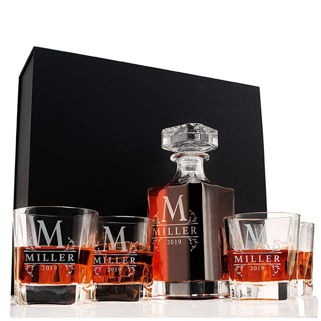 Amazing Items Personalized 5 pc Whiskey Decanter Set - 9 Design Options - Limited Edition Custom Liquor 25 oz, 750ml Liquor Decanter w/ 4pcs Whiskey Glass Set, Gifts for Husband, Retirement Gifts #1