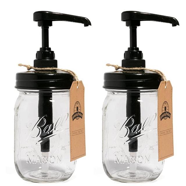 Jarmazing Products Mason Jar Syrup Dispenser - Set of 2 – 16 oz Ball Jars with Rust-Proof, Leak-Proof, Food Grade Pumps for Honey, Syrups, Condiments, Salad Dressings and More