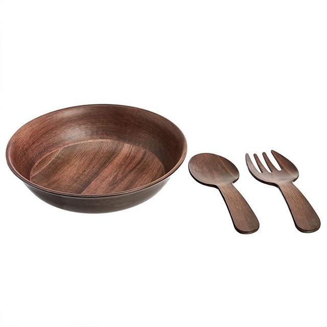 Amazon Basics Large 13.8-Inch Melamine Salad Serving Bowl and Utensils - Acacia Wood Matte Texture