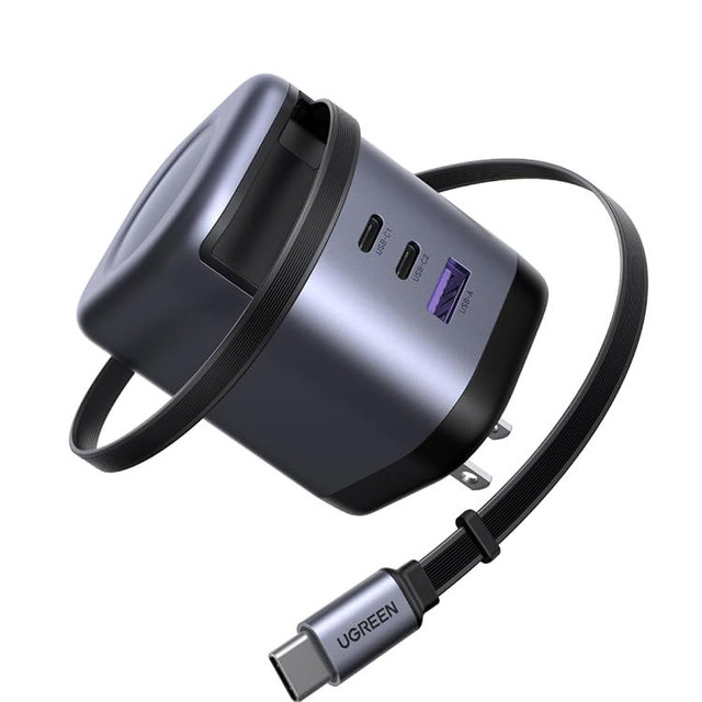 UGREEN Nexode 100W GaN USB C Retractable Charger with Built-in Cable, 3-Port Fast Charging Wall Adapter for Laptop, MacBook Pro/Air/Neo, iPhone 17/16, Galaxy S26, Pixel, iPad, MatePad, DJI Drone