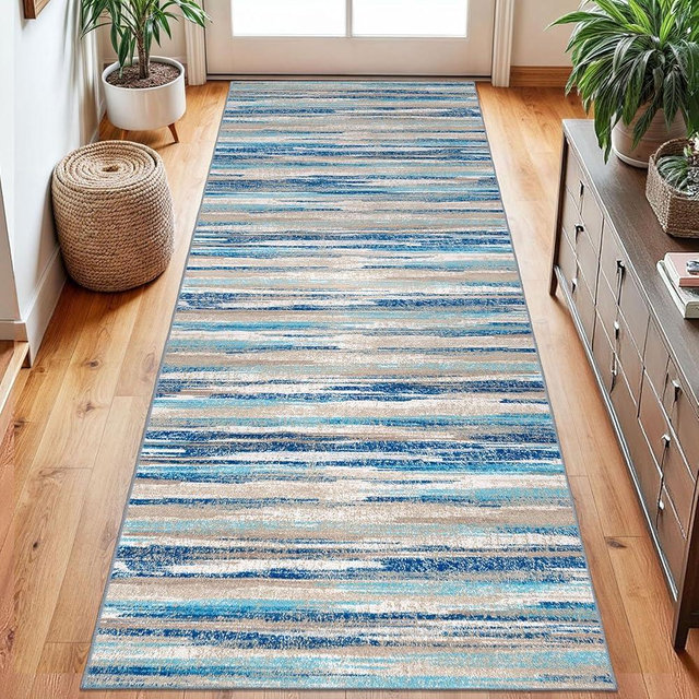 Lansny Modern Abstract Runner Rug 2.6x8, Blue Washable Long Kitchen Runner Non-Slip Soft Hallway Rug Runner Thin Print Faux Wool Carpet for Entryway Bedroom Laundry Room Indoor Home Decor