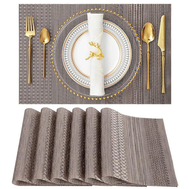 SENDAY Placemats, Set of 6 Heat-Resistant Placemats Stain Resistant Anti-Skid Placemats for Kitchen Table, Washable Durable PVC Table Mats Woven Vinyl Placemats Brown