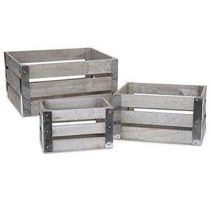 Rectangular Wooden Crate with Metal Corner - Set of Three - Antique Grey