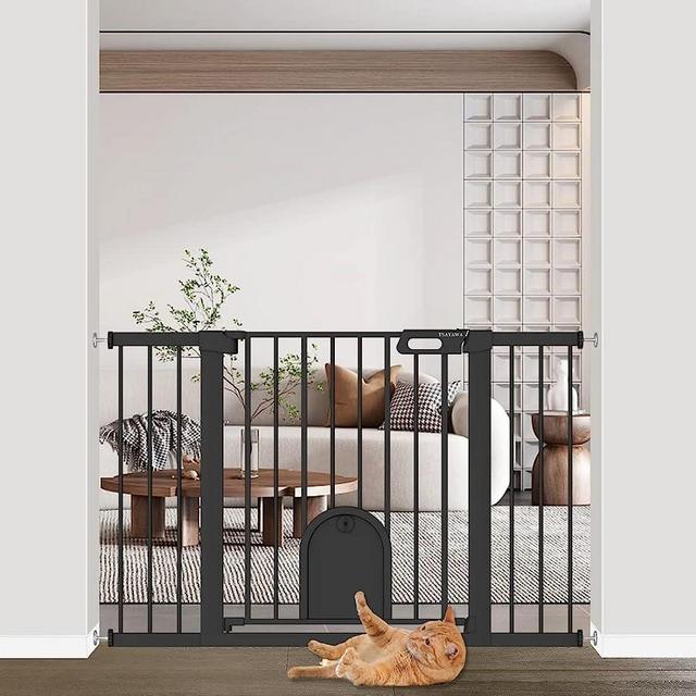 Baby Gate with Cat Door 30" to 48" Wide Black - Walk Through Small Pet Gate for Kitten Puppy Dogs Doorway Stair - Pressure Mounted Child Safety Gate Stand 30inch Tall