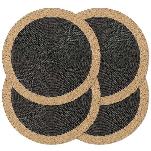 Noctiflorous Round Placemats Set of 4, 15 Inch Braided Hand Woven Table Mats, Heat Resistant Non-Slip Wipeable Wide Edge Place Mats for Kitchen Dining Indoor Outdoor Use(Black, 4)