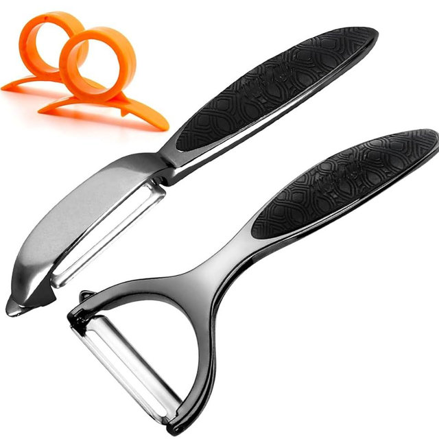 Vegetable Peeler, Potato Peelers for Kitchen Stainless Steel Multi-function Set Fruit Peeler For Kitchen and Household Tools Y & I Shape Swivel Blades with ​2 Orange Citrus Peelers(Black)