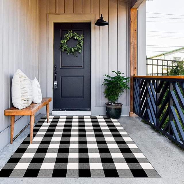 MUBIN Cotton Buffalo Plaid Rug, 4x6 ft Black and White Checked Outdoor Rug Front Door Decorative Mat, Hand-Woven Reversible Foldable Rug for Layered Door Mats Washable Carpet for Front Porch, Entryway
