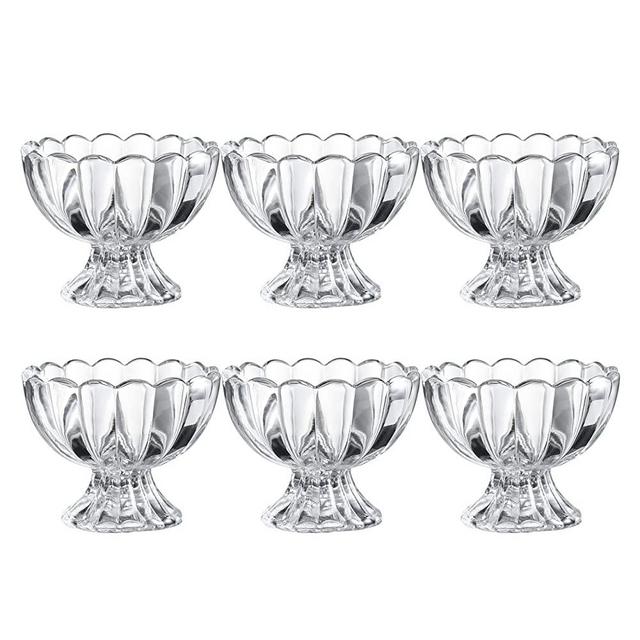 KMwares 6PCs Set 5.6oz Small Cute Footed Tulip Clear Glass Dessert Bowls/Cups - Perfect for Dessert, Sundae, Ice Cream, Fruit, Salad, Snack, Cocktail, Condiment, Trifle and Birthday Party