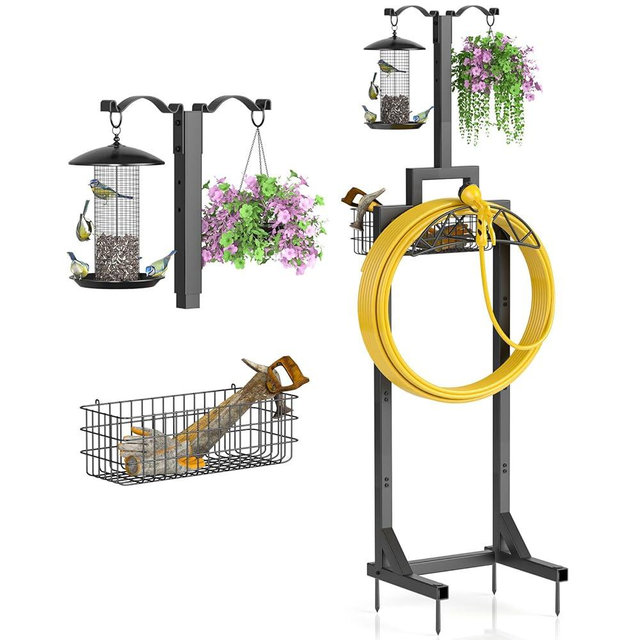 Garden Hose Holder Freestanding with Storage Basket & 2 Shepherds Hooks, Heavy Duty Garden Water Hose Stand Storage Holds 150ft Hoses for Yard, Farm, Detachable, Easy Setup