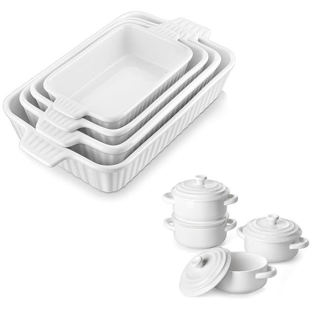 MALACASA Casserole Dishes for Oven, Porcelain Baking Dishes, Ceramic Bakeware Sets of 4, Mini Cocotte Set - 14 OZ Casserole Dish with Lid and Handle