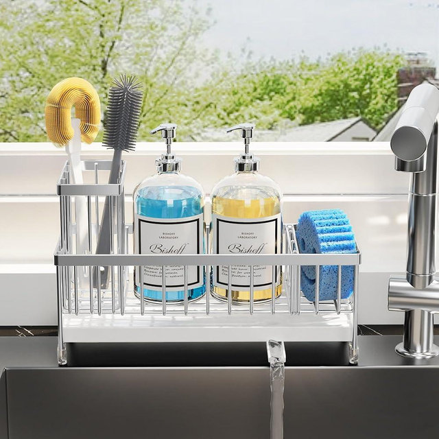 Cisily Extra Large Stainless Steel Kitchen Sink Caddy Organzier with High Brush Holder, Sponge Holder for Sink, Kitchen Countertop Soap Dispenser Organizer for Decor and Accessories