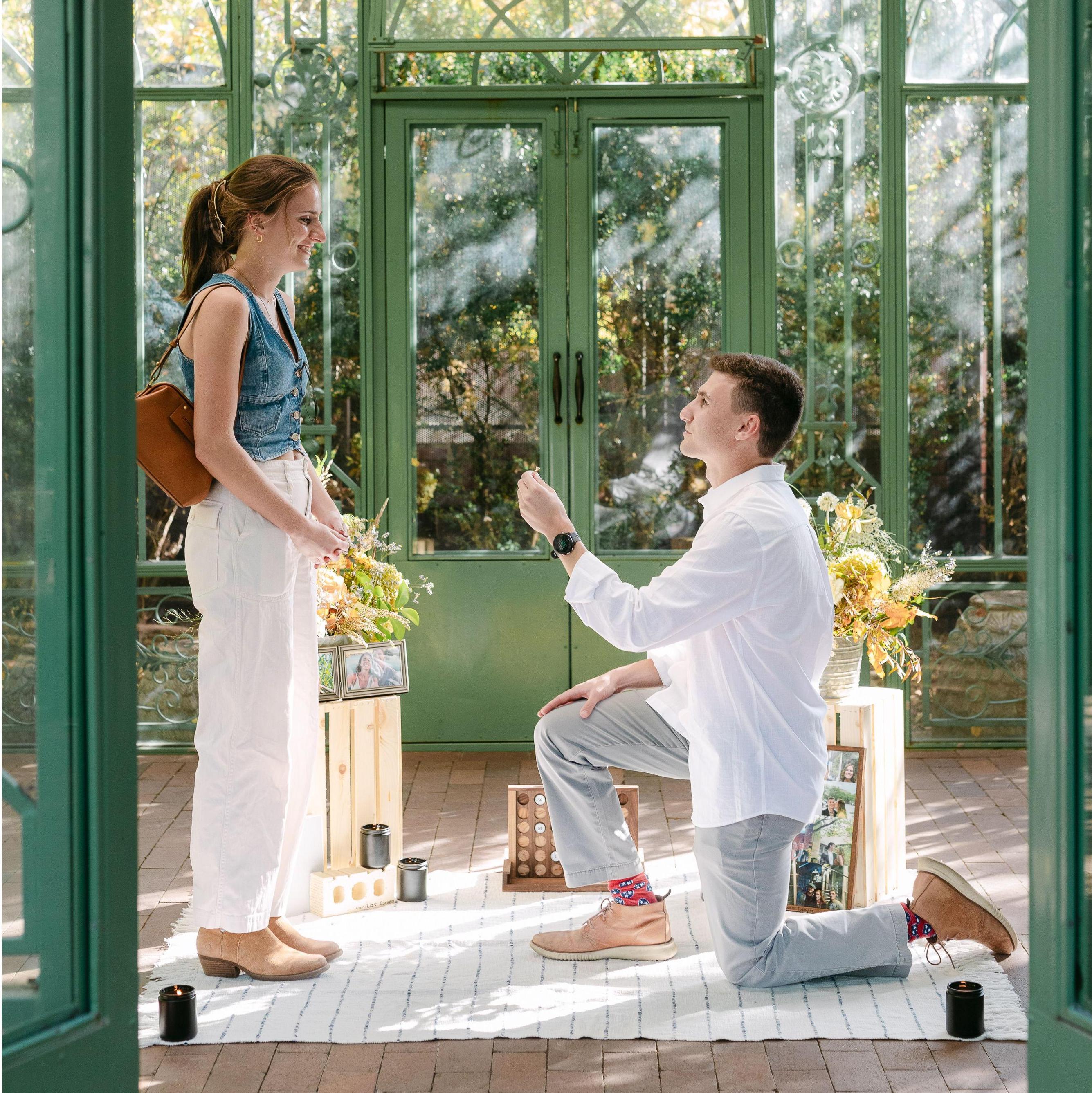 October 12th, 2024. She said yes! To Liz's surprise (and excitement) Carson gets down on one knee at the Denver Botanic Gardens.
