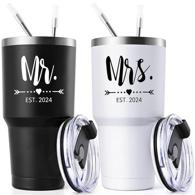 Gtmileo Mr and Mrs Gifts, Mr and Mrs EST 2024 Stainless Steel Insulated Tumbler Set, Wedding Gifts for Couples Bride To Be, Mr and Mrs Cups, Bridal Shower Gift Wedding Registry Gift(30oz, Black&White)