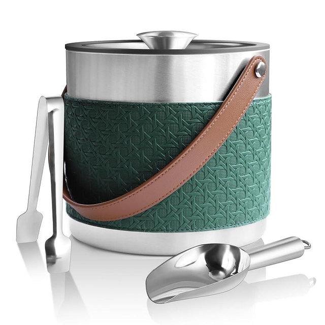 Bakpoco Insulated Ice Bucket with Lid, Scoop, Ice Tongs & Detachable Double-Sided PU Cover– 3L Double-Wall Stainless Steel Ice Buckets for Parties, Cocktail Ba, Champagne & Bar Cart Accessories