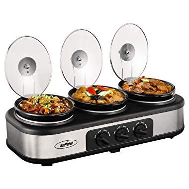 Triple Slow Cooker Buffet Server, 3 Pot Crock Pot Food Warmer, 4.5 QT Food Warmer Adjustable Temp Lid Rests Stainless Steel