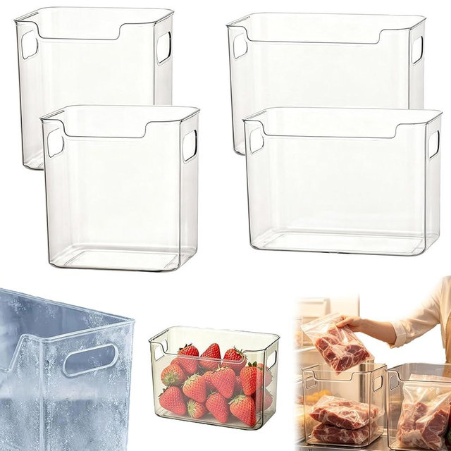 Clear Freezer Storage Bins,4pc Bottom Drawer Freezer Storage Bins, Stackable Kitchen Plastic Bins for Refrigerator and Pantry,for Frozen Food, Meat & Veggies (Clear, 4PC S+L)