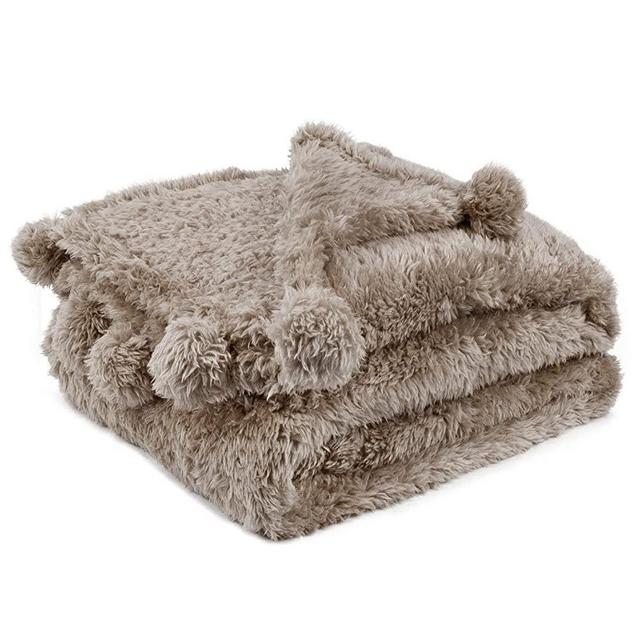 PAVILIA Tan Taupe Sherpa Throw Blanket for Couch, Pom Pom | Fluffy Plush Soft Blanket for Sofa Bed | Shaggy Warm Fuzzy Fleece Blanket | Cozy Decorative Beige Camel Pompom Throw, 50x60