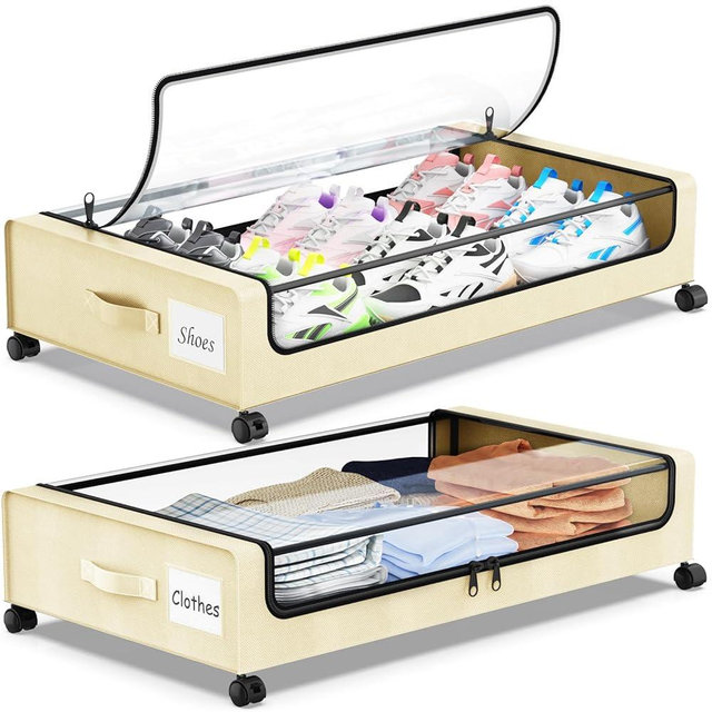 Molutsody Under Bed Storage with Wheels, 2-Pack Underbed Storage Containers with Clear Lids, Under Bed Shoe Storage Organizer, Rolling Under Bed Storage for Clothes Shoes Blankets (Beige)