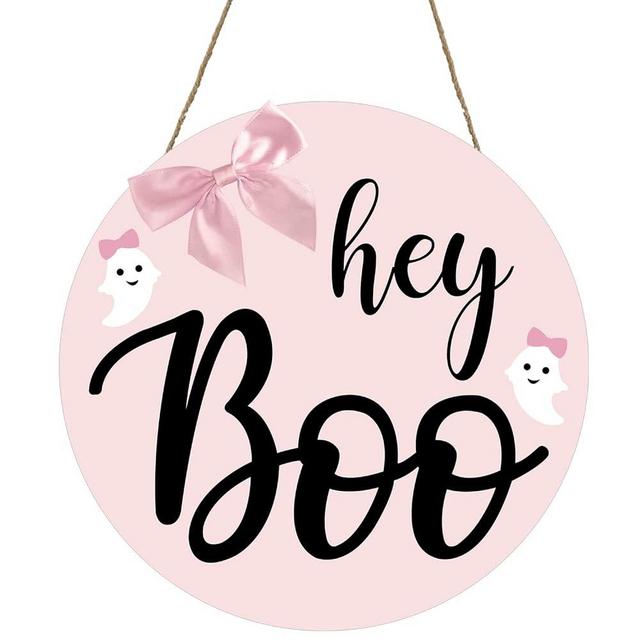 Gankbite Halloween Hey Boo Wood Sign Pink Ghost Door Hanger Fall Farmhouse Outdoor Front Porch Decoration, pink black