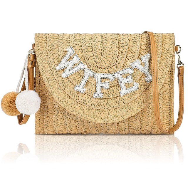 Bride Straw Shoulder Bag Woven Envelope Wallet Pearl Rhinestone Wedding Vacation Purse Honeymoon Bridal Shower Gift for Bride