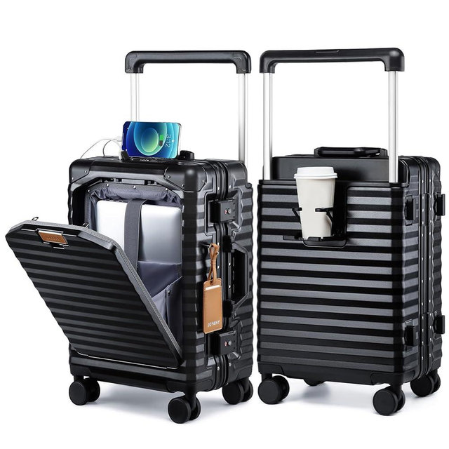 Joyway 20 Inch Carry on Luggage with Aluminium Frame and Front Pocket, PC Hardshell Suitcase with USB Port and Cup Holder, 21.5x14.2x9 Airline Approved, Luggage with Spinner Wheels and TSA Lock(Black)