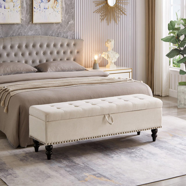Storage Ottoman Bench with Rubberwood Legs - Cotton Linen Upholstered Storage Bench End of Bed Stool, Beige - ModernLuxe