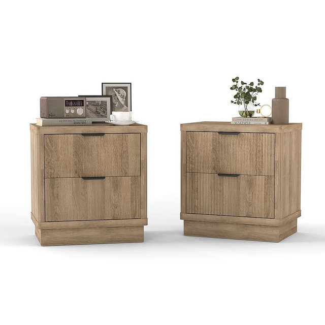 Fluted Nightstand Set of 2, Bedside Table with 2 Drawer, Modern End Table Large Wooden Oak Sofa Side Table, Night Stand for Bedroom, Small Space