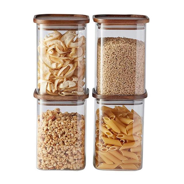 Essos Square Glass Jars with Wood Lids Set of (4) 47 fl oz Airtight and Stackable Storage Containers for Kitchen Pantry Wooden Lid BPA Free and Recyclable Canister for Food Cookies Coffee Pasta Sugar