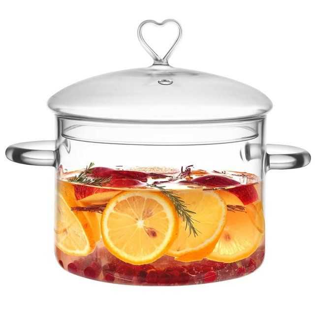 2 L Glass Cooking Pot with Lid, Simmer Pot for Stove Potpourri, Save Energy, Heat Resistant, for Water-based Recipes. Heart Shape Lid, Clear,2000ml(68oz)