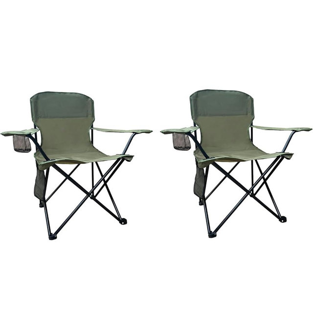 SAILARY 2PCS Folding Camping Collapsible Chairs Heavy Duty Lawn Chair with Cooler Bag, Storage Pocket, Waterproof Bag Outdoor Arm Chair, Supports 225LBS, Green
