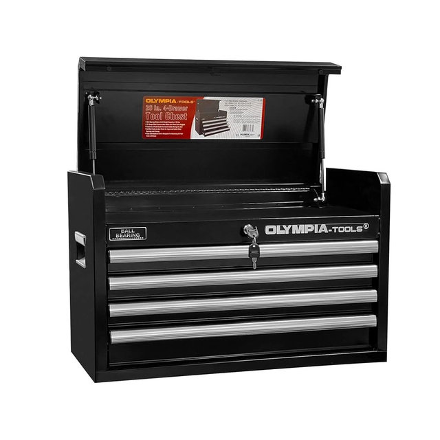 Olympia Tools 26-Inch 4-Drawer Portable Tool Chest, Metal Storage Organizer Box, Black - Work Toolbox for Home Garage and Workshop with Locking Lid and Ball Bearing Slides