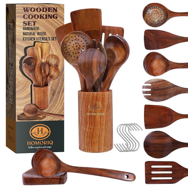 9 Piece Premium Teak Wooden Cooking Utensils Set- Spoons and Spatulas with Holder and Spoon Rest, Heat-Resistant, Non-Stick Safe, Lightweight Kitchen Tools (9)