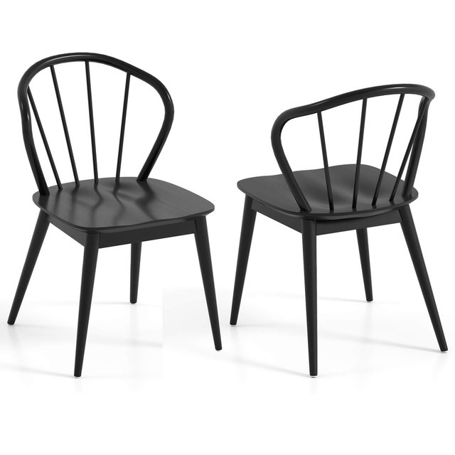 Costway Wooden Dining Chair Set of 2 with High Spindle Back Rubber Wood Legs Wide Seat Black