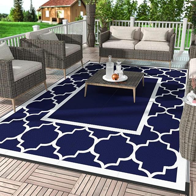 GENIMO 5'x8' Outdoor Rug for Patio,Reversible Plastic Waterproof Rugs,Clearance Mat,Rv,Camping,Deck,Porch,Camper,Balcony,Blue & White