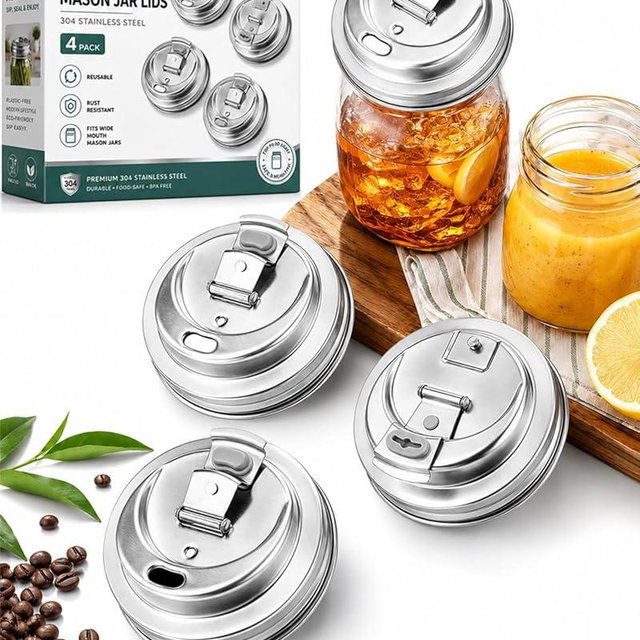 Mason Jar Drinking Lids, 4 Pack Stainless Steel Flip Top Coffee with Straw Hole Pour Spout Lid Sip Wide Mouth Reusable Regular Silicone Drink Covers No Drip for Cups Glass Canning Dressing (4Pcs)