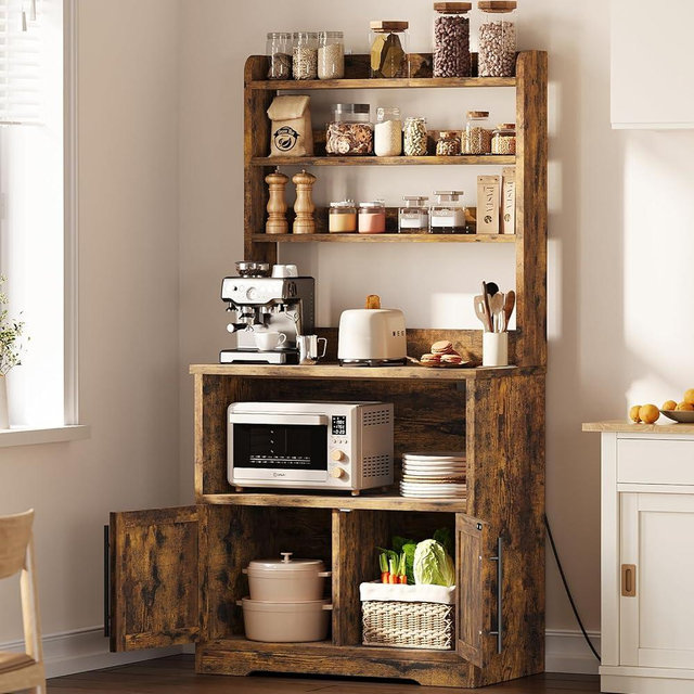 GarveeHome Bakers Rack with Power Outlet and 2 Doors, 63" Tall Farmhouse Wood Microwave Stand with Hutch & 3 Shelves, Coffee Bar Cabinet with Thick Counter, Sturdy Frame, for Kitchen, Rustic Brown