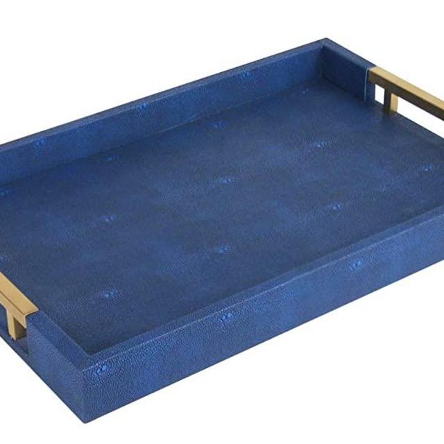 Home Redefined Beautiful Modern Elegant 18"x12" Navy/Gold Brass Rectangle Shagreen Decorative Ottoman Coffee Table Perfume Living Room Kitchen Serving Tray with Metal Handles for All Occasion's 
