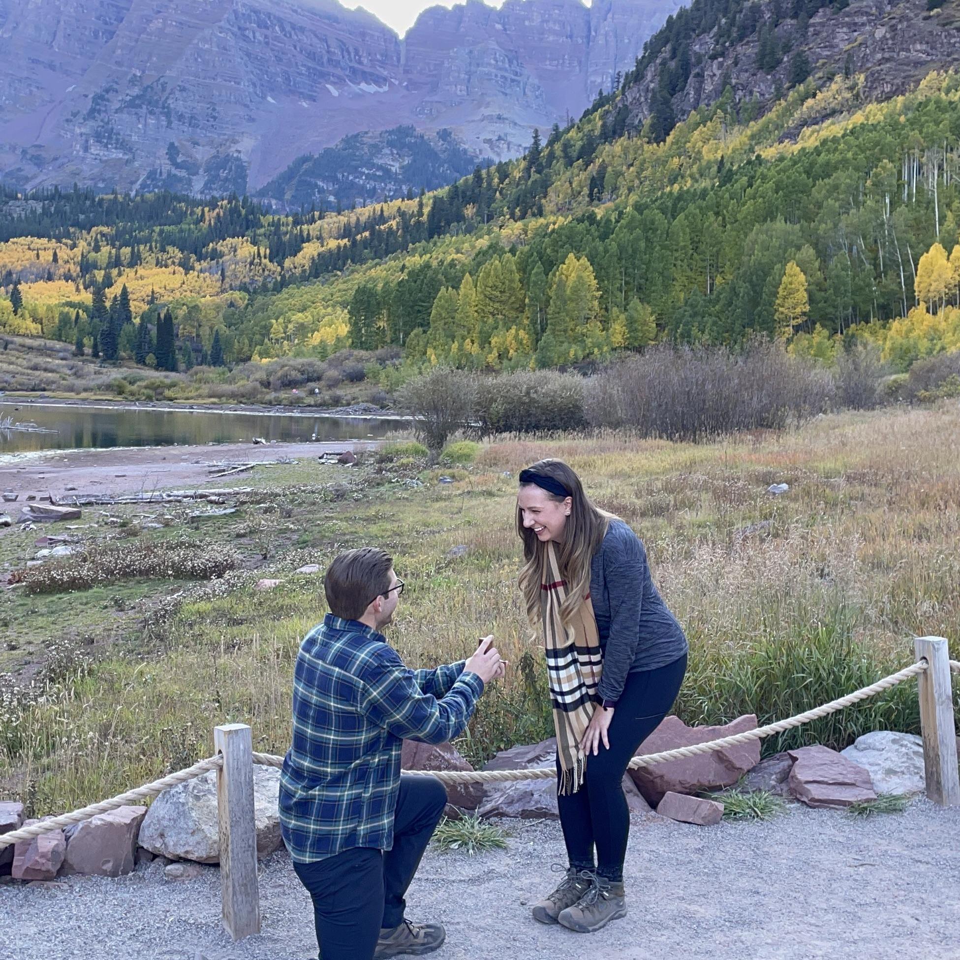 Kaleb proposing at Maroon Bells in Aspen, Colorado. September 2021