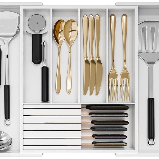 Bamboo Kitchen Silverware Drawer Organizer - Expandable Wood Utensil Holder with Dividers, Luxury Cutlery Storage Tray for Kitchen Utensil and Flatware (5-7 Slots with Removable Knife Block, (White)