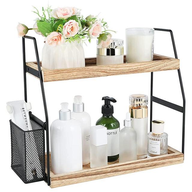 Nroech Bathroom Organizer Countertop, 2-Tier Standing Bathroom Counter Shelf Organizer with Basket, Wood Bathroom Tray for Kitchen Vanity Organizer