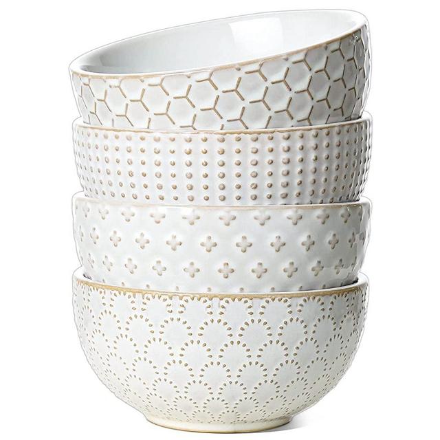 LE TAUCI Small Bowls 4.5 inch, Ceramic Small Bowl for Side Dishes 12 oz, Embossment Stoneware Bowl for Ice Cream Dessert Fruit, Set of 4, Arctic white
