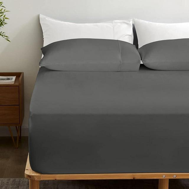 GOKOTTA Fitted Sheet Only - 16 Inch Pocket Bamboo Fitted Sheet, Super Soft and Cooling Bottom Sheet with 4 Elastic Corner Straps(Dark Grey, King Size)