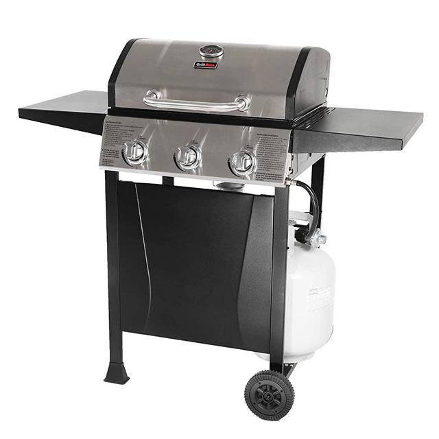 Grill Boss GBC1932M Outdoor BBQ 3 Burner Propane Gas Grill w/ Top Cover Lid, Wheels, & Shelves for Barbecue Cooking, Black (Stainless Steel)