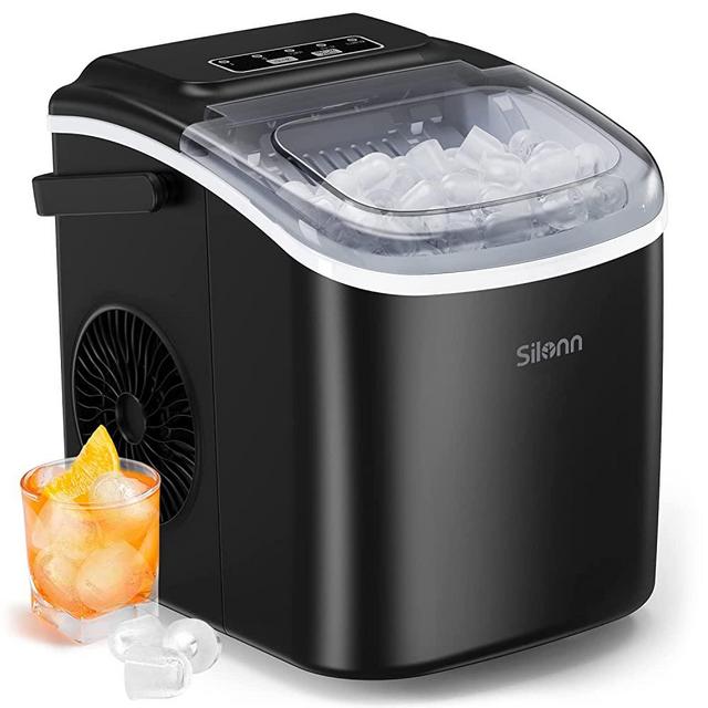 Silonn Countertop Ice Maker, 9 Cubes Ready in 6 Mins, 26lbs in 24Hrs, Self-Cleaning Ice Machine with Ice Scoop and Basket, 2 Sizes of Bullet Ice for Home Kitchen Office Bar Party